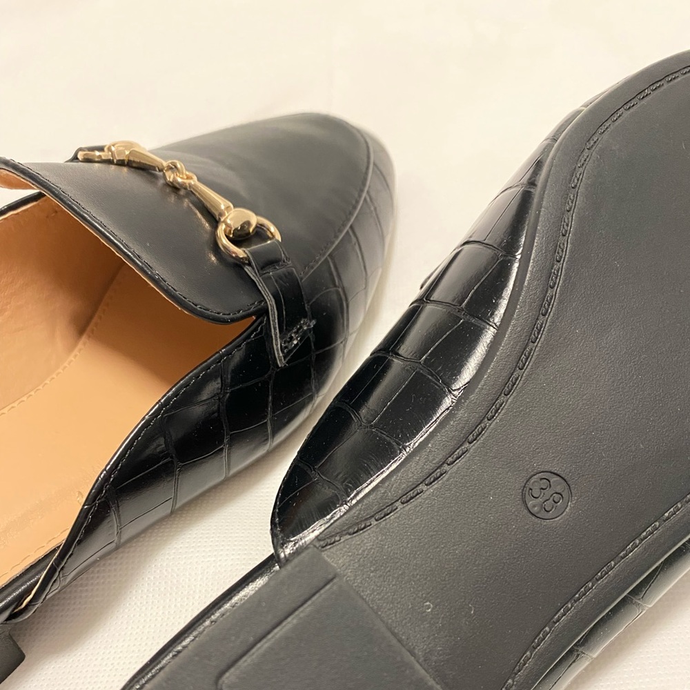 Round Toe Flat Mules with Gold Embellishments
